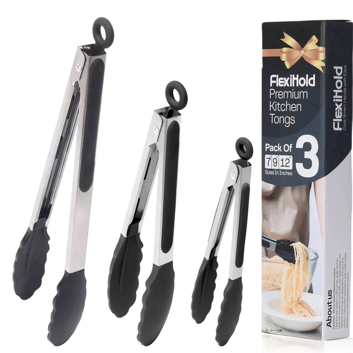 Premium Stainless Steel Kitchen Tongs Pack of 3 for Grilling and BBQ - Stainless Steel Tongs for Cooking and Serving Set of 3 (7" 9" & 12") Grill Tongs Non-Stick and Dishwasher Safe